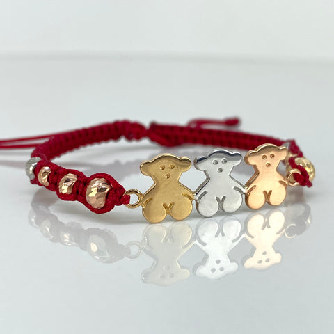 Pulsera tejida Herraje Osos TS / BD 8uni 5/4mm / Hilo Rojo Tres oros 18k 2,49 Gr *