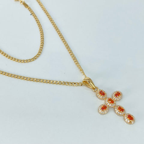 Set Cadena ● Cubana + Dije Cruz Circones Blancos Naranjas Oro amarillo 18k 3,7 Gr / 2 mm / 45 Cm †