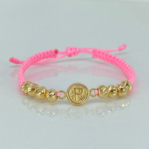 Pulsera tejida Herraje Letra P / BD 8uni 5m / Hilo Rosa Oro amarillo 18k 1,15 Gr *