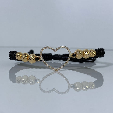 Pulsera tejida Herraje Corazón Circones Blancos / BD 6-5mm 6uni / Hilo Negro  Oro amarillo 18k 1,81 Gr †