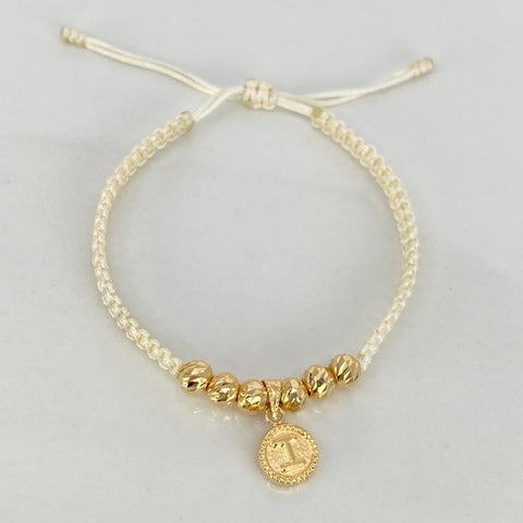 Pulsera tejida Dije Letra I / BD 6uni 5mm / Hilo Blanco Oro amarillo 18k 1 Gr *