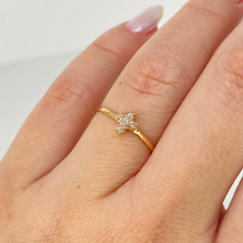 Anillo Cruz Circones Blancos Oro amarillo 18k / Talla 6 1/2 / 0,68 Gr