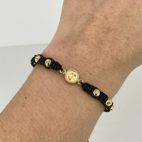 Pulsera tejida Herraje Letra J / BD 8uni 5/3mm / Hilo Negro Oro amarillo 18k 1,24 Gr *