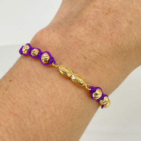Pulsera tejida Herraje Ojos Santa Lucia / BD 6uni 5mm / Hilo Morado Oro amarillo 18k 1,34 Gr *