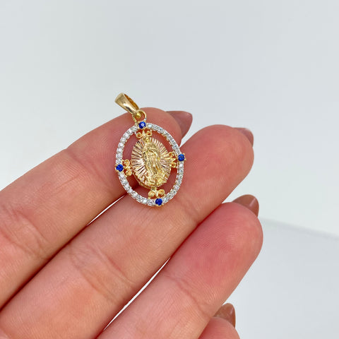 Dije Contorno Virgen Guadalupe Circones Blancos Y Azules Oro amarillo y Oro rosa 18k 2,45 Gr / 2,5 Cm  †