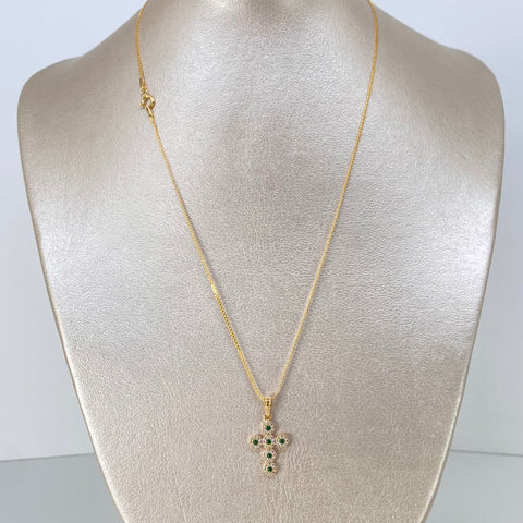Set Cadena ● China + Dije Cruz Circones Blancos Verdes Oro amarillo 18k 3,1 Gr / 1 mm / 45 Cm †
