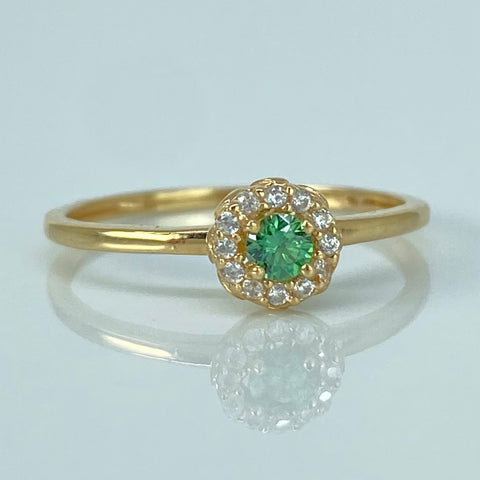 Anillo Solitario Flor Circones Blancos Verde Oro amarillo / Talla 6 1/2 / 1,5 Gr