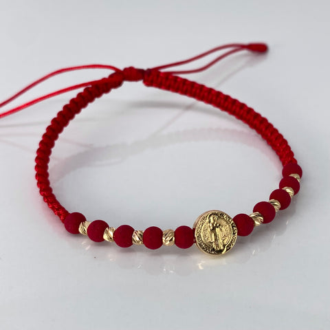 Pulsera tejida Pareja Herraje San Benito / BD 8uni 3mm / Hilo Rojo Neoprenos Oro amarillo 1,25 Gr †