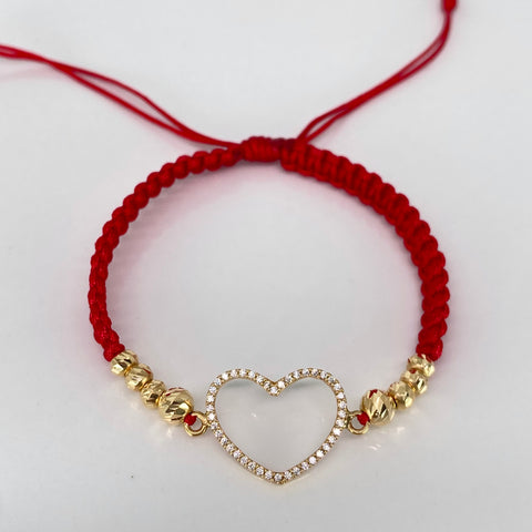 Pulsera tejida Herraje Corazon Circones Blancos / BD 5/4mm 8uni / Hilo Rojo Oro amarillo 18k 1,65 Gr *