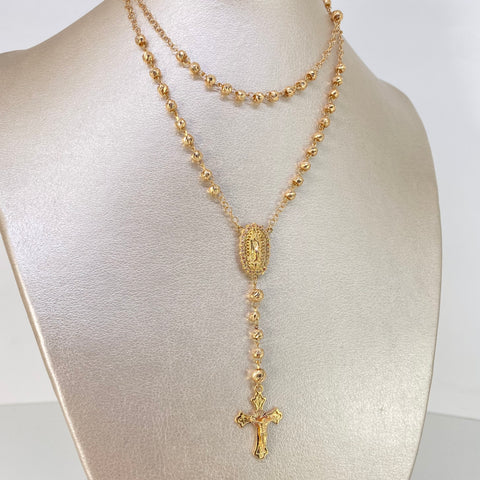 Rosario Virgen Guadalupe Bolas Diamantadas Circones Blancos Oro amarillo y Oro rosa 18k 12,1 Gr / 5 mm / 62 Cm *