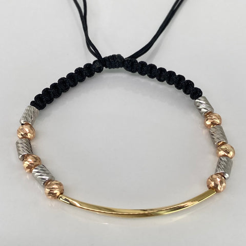 Pulsera tejida Herraje Entorchado / Cilindros BD 5mm 6uni / Hilo Negro Tres oros 18k 1,81 Gr *