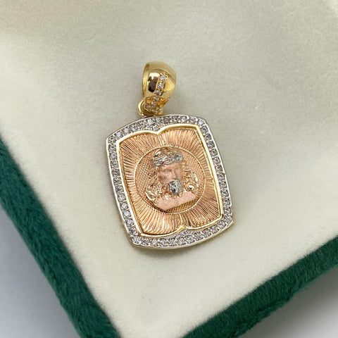 Dije Placa Rostro Cristo Circones Blancos Oro blanco y Oro rosa 18k 6,05 Gr / 3,5 Cm  †