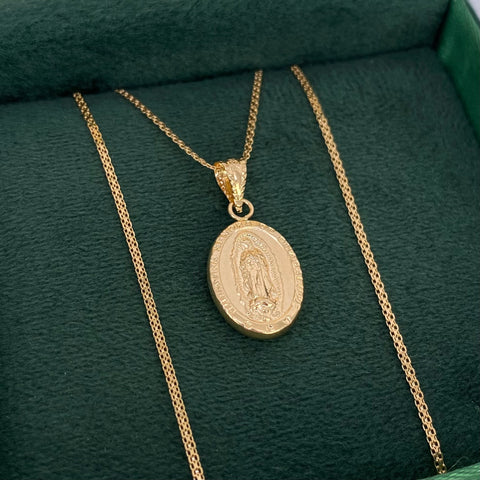 Set Cadena ● Mini China + Dije Virgen Guadalupe Oro amarillo 18k 3,36 Gr / 1,2 mm / 50 Cm *
