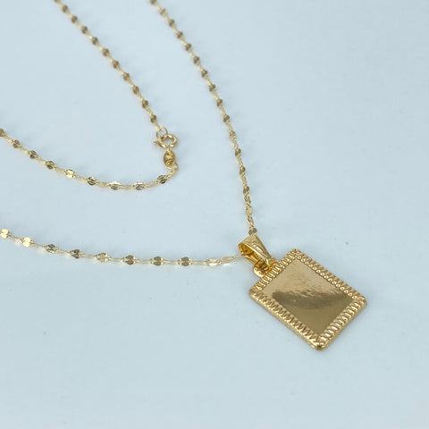 Set Cadena  Crispeta + Dije Placa Rectangular  Oro amarillo 18k 1,45 Gr / 1,5 mm / 45 Cm †