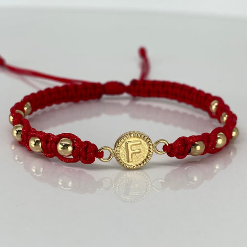 Pulsera tejida Herraje Letra F / BL 4mm 10uni / Hilo Rojo Oro amarillo 18k 1,42 Gr *