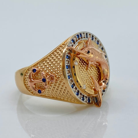 Anillo Pez Espada  Circones Blancos Y Azules Tres oros 18k / Talla 11 / 10,27 Gr *