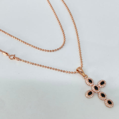 Set Cadena  Militar + Dije Cruz Circones Blancos Negros Oro rosa 18k 5,8 Gr / 1,3 mm / 45 Cm †