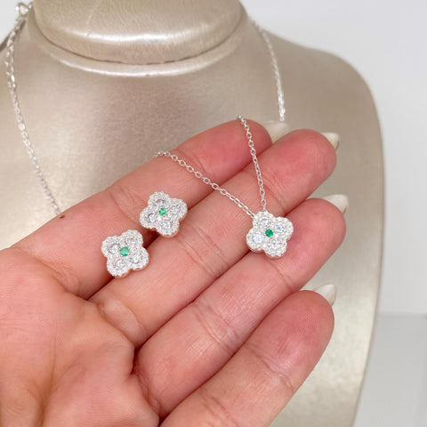 Set Cadena Aro Seguido  + Dije 10Pts Topos 1.8Pts Trebol Esmeraldas Circones  Plata 925 6 Gr / 1,3 mm / 45 Cm *