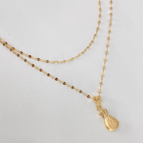 Set Cadena ● Flor Espejo Crispeta + Dije Bolsa Dinero Oro amarillo 18k 1,15 Gr / 1,5 mm / 45 Cm
