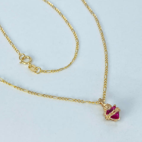 Set Cadena ● Tres Por Uno + Dije Sagrado Corazon Circon Fucsia Oro amarillo 18k 1,7 Gr / 1,2 mm / 45 Cm †