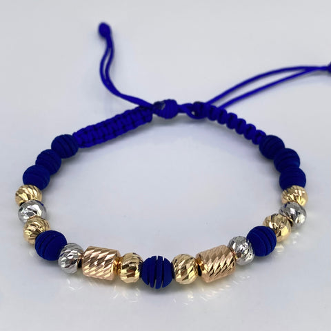 Pulsera tejida Bolas  Diamantadas 6 mm / Cilindros Hilo Azul Tres oros 18k 2,41 Gr *