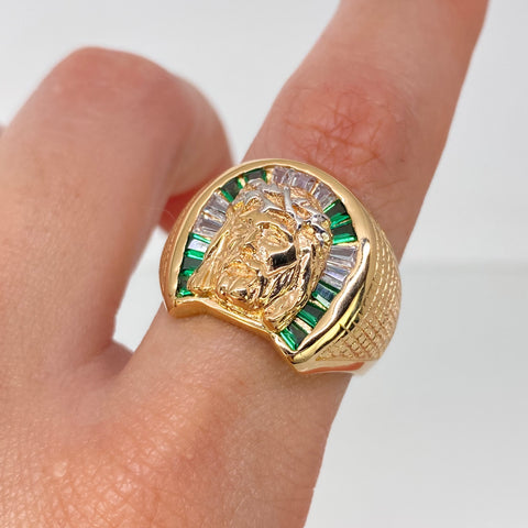 Anillo Rostro Jesus Circones Blancos Verdes Oro amarillo / Talla 10 / 7 Gr