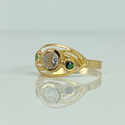 Anillo Troquelado Olas Circon Blanco Verdes Oro amarillo 18k / Talla 8 1/4 / 1,4 Gr