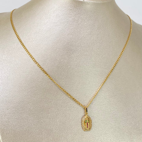 Set Cadena ● Cubana + Dije Virgen Guadalupe Verde Oro amarillo 18k 2,95 Gr / 2 mm / 45 Cm