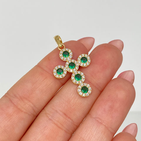 Dije Cruz Circones Blancos Y Verdes Oro amarillo 18k 2,86 Gr / 3,2 Cm