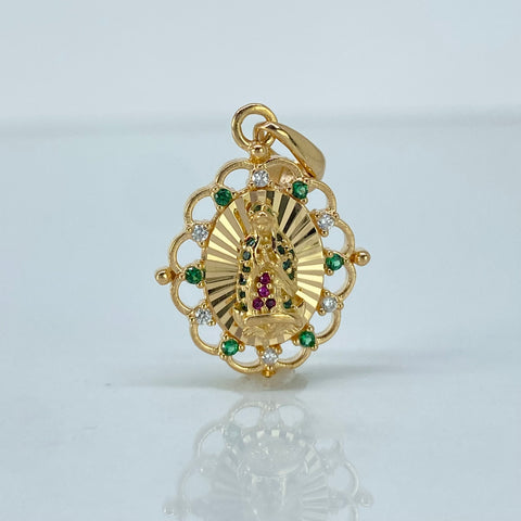 Dije Virgen Guadalupe Diamantada Circones Blancos Verdes Oro amarillo 2,62 Gr / 2,8 Cm †