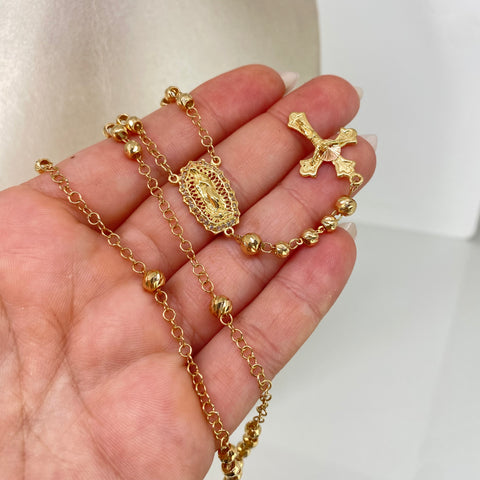 Rosario Virgen Guadalupe Bolas Diamantadas Circones Blancos Oro amarillo y Oro rosa 18k 12,1 Gr / 5 mm / 62 Cm *