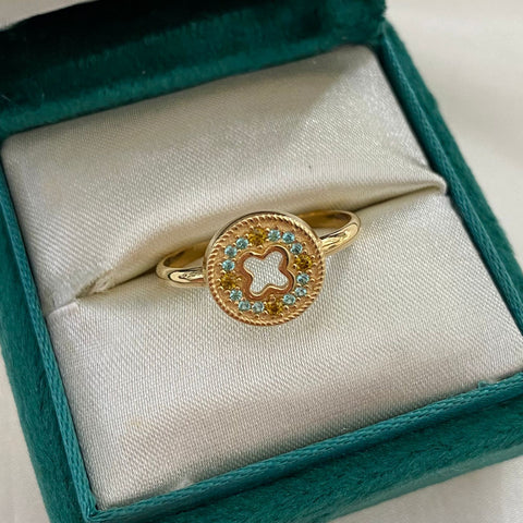 Anillo Circulo con Circones Azules y Amarillos Oro amarillo 18k / Talla 8 1/2 / 2,35 Gr