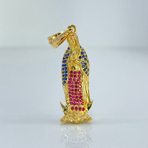 Dije Contorno Virgen Guadalupe Circones Fucsias Azules Y Blancos Oro amarillo 18k 5,0 Gr / 4 Cm  †