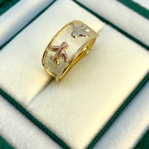 Anillo Aviones Fondo Diamantado Tres oros 18k / Talla 7 1/4 / 1,60 Gr *