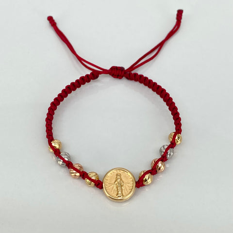 Pulsera tejida Herraje Virgen Milagrosa / BD 8uni 5mm / Hilo Rojo Tres oros 18k 1,5 Gr *