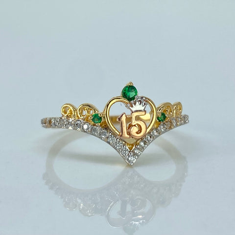 Anillo Tiara 15años Circones Blancos Verdes Tres oros / Talla 7 1/4 / 2 Gr †