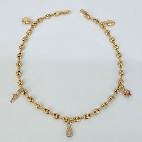 Tobillera GC Dijes Fresa Hongo Llave Carita Oro amarillo y Oro rosa 18k 4,55 Gr / 3,3 mm / 26 Cm *
