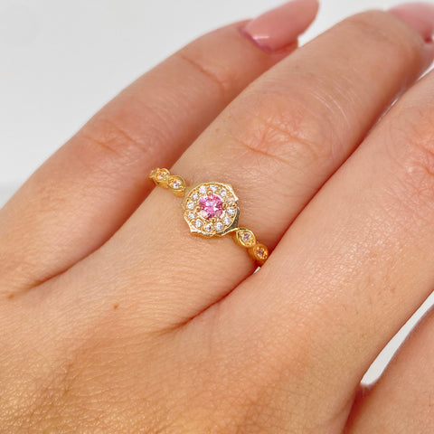 Anillo Solitario Circones Blancos Rosa Oro amarillo / Talla 6 1/2 / 1,85 Gr *