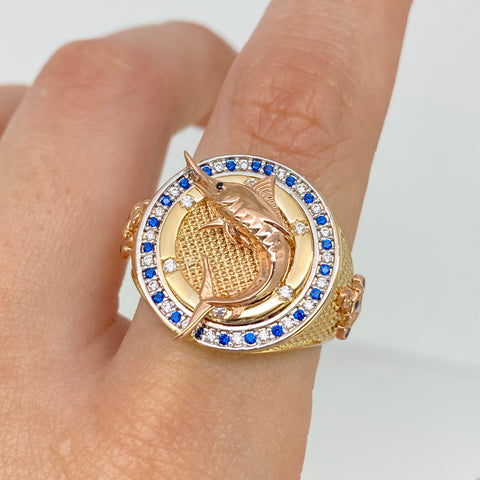Anillo Pez Espada  Circones Blancos Y Azules Tres oros 18k / Talla 11 / 10,27 Gr *