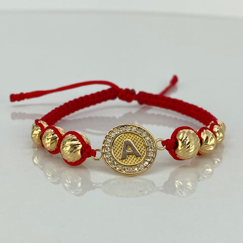 Pulsera tejida Herraje Letra A Circones Blancos / BD 8uni 8/7/6/5mm / Hilo Rojo Oro amarillo 18k 3,17 Gr *
