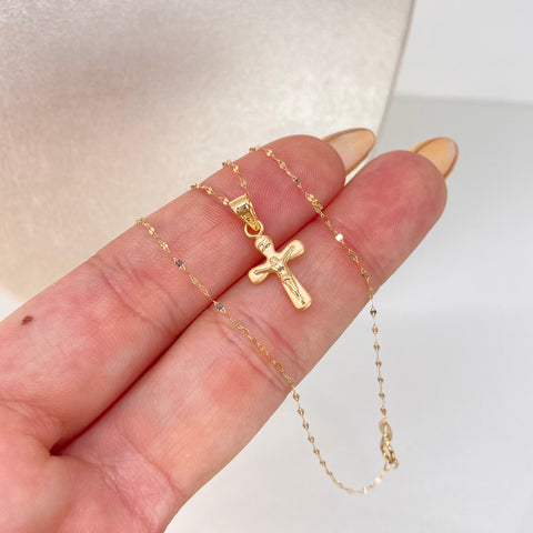 Set Cadena ● Crispeta + Dije Cruz Cristo Oro amarillo 18k 0,7 Gr / 1 mm / 50 Cm