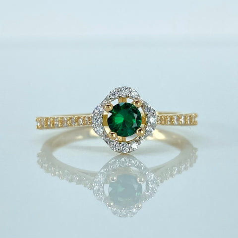 Anillo Solitario Flor Circones Blancos Verdes Oro amarillo 18k / Talla 6 3/4 / 2 Gr *