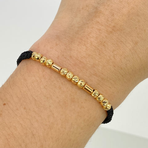 Pulsera tejida Bolas Diamantadas 12uni 4mm Cilindros Lisos 2uni / Hilo Negro Oro amarillo 18k 1 Gr *