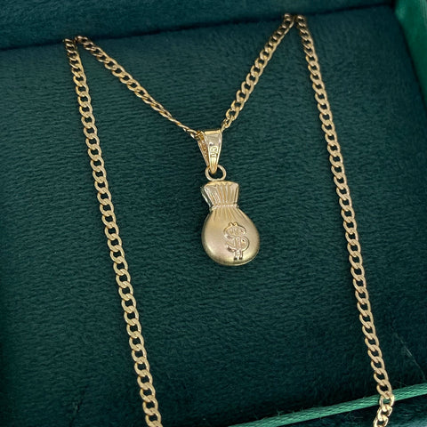 Set Cadena Cubana + Dije Bolsa Dinero Oro amarillo 18k 2,89 Gr / 2 mm / 60 Cm †