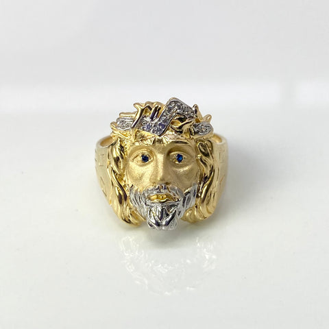 Anillo Cristo Circones Azules Oro amarillo y Oro blanco 18k / Talla 10 1/4 / 9,45 Gr