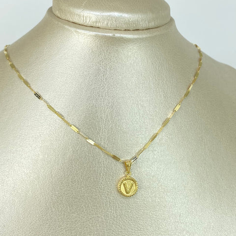 Set Cadena ● Flor Espejo + Dije Letra V Oro amarillo 18k 2,1 Gr / 1,7 mm / 45 Cm †