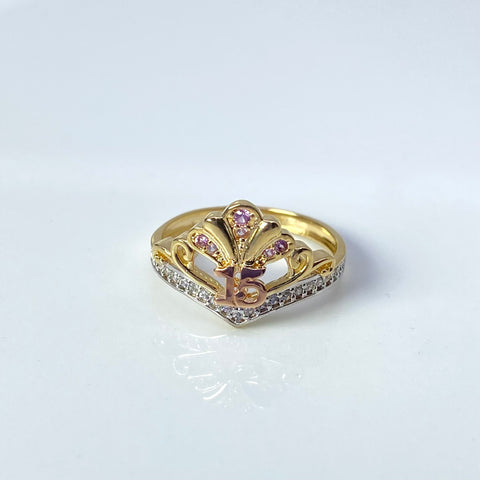 Anillo 15 Años Tiara Circones Blancos Y Rosas Tres oros 18k / Talla 6 1/4 / 2,65 Gr *