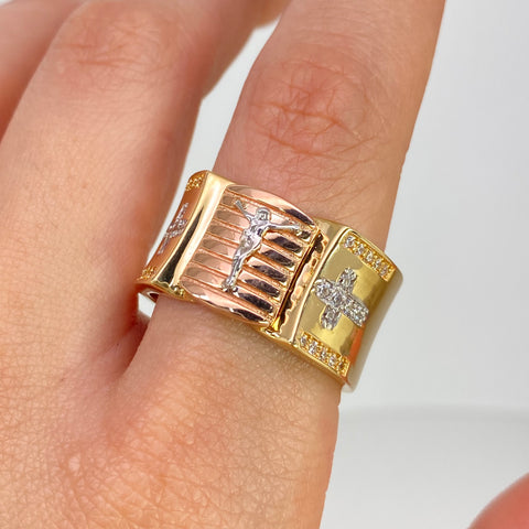 Anillo Cristo Cruces Circones Blancos Tres oros 18k / Talla 10 1/4 / 11,14 Gr