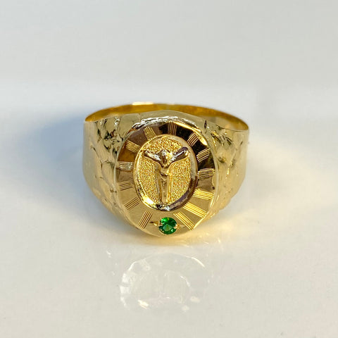 Anillo Cristo Fondo Diamantado Circón  Verde Oro amarillo 18k / Talla 11 1/2 / 3,72 Gr
