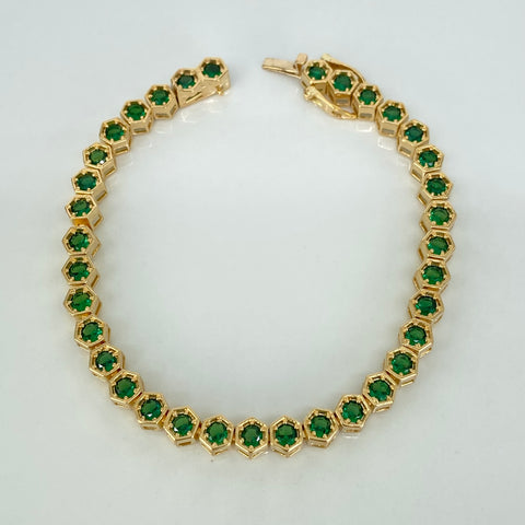 Pulso Tennis Circones Verdes NAC ESP Oro amarillo 18k +1 / 17,78 Gr / 5,1 mm / 17,2 Cm †